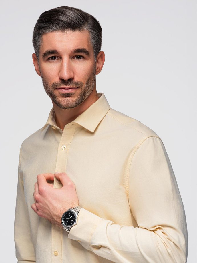 Pastelowa bawełniana męska koszula typu oxford – jasnożółta V3 OM-SHOS-0183