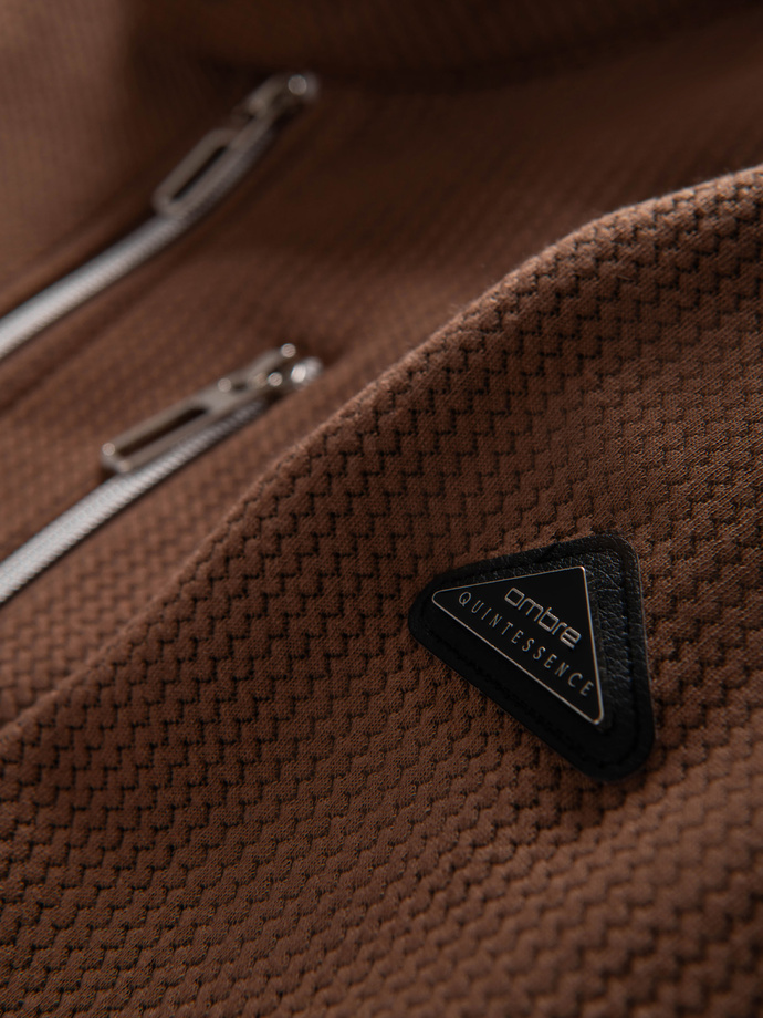 Męska strukturalna kurtka biker ze stójką  – brązowa V2 OM-JANP-0229