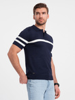 Men's soft knit polo shirt with contrasting stripes - navy blue V2 OM-POSS-0118