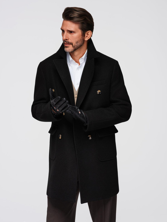 Men's coat with asymmetrical fastening and high collar - light brown V4 OM-COWC-0120