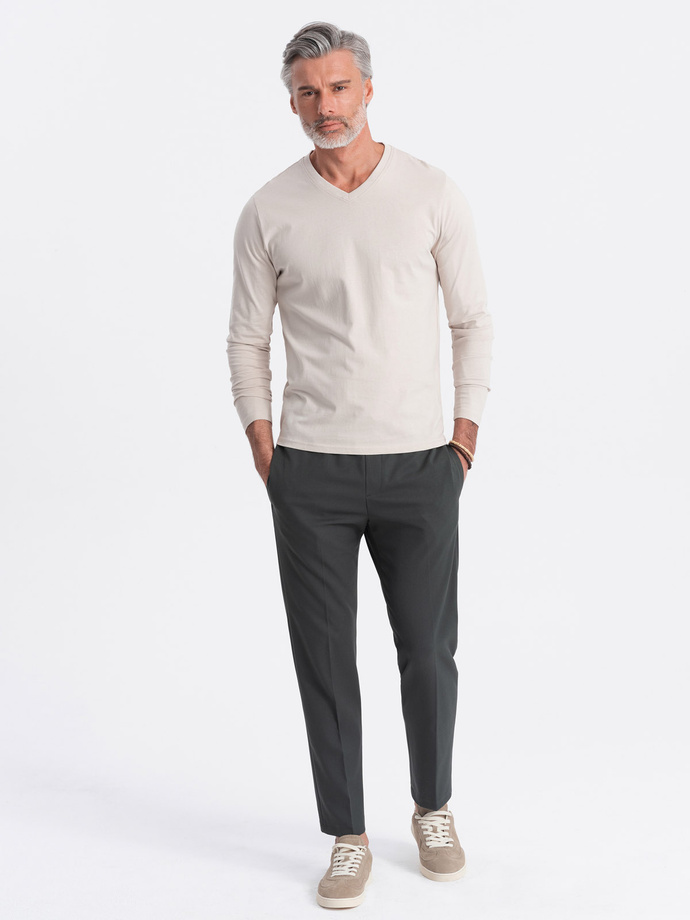 Men's unprinted longsleeve with v-neck - light beige V1 OM-LSBL-0108