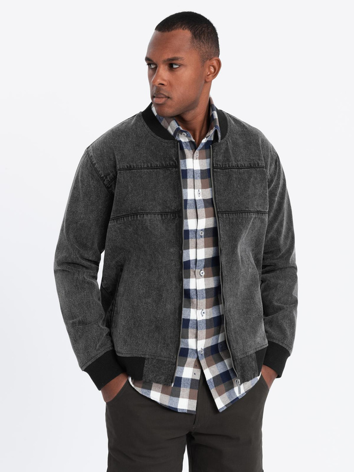 Men's denim bomber jacket with stone wash effect - black V2 OM-JADJ-0163