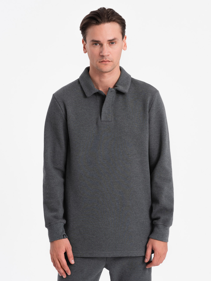 Komplet męski dresowy bluza z kołnierzem polo + spodnie - grafitowy melanż V1 Z71