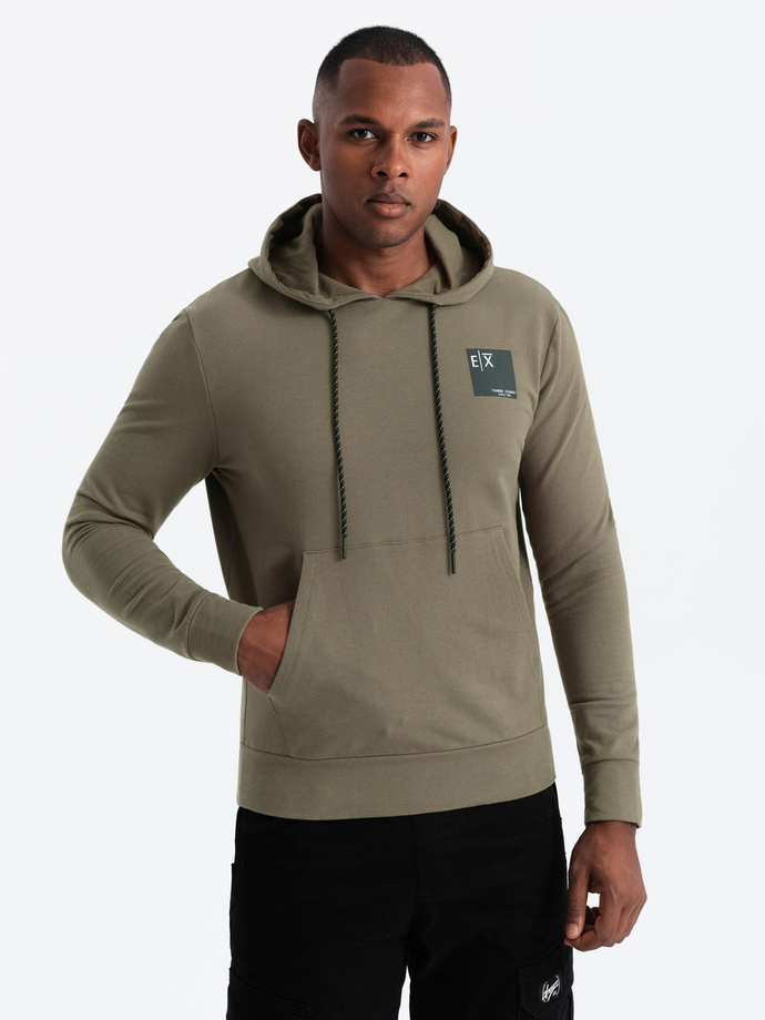 Bluza męska z kapturem kangurka z logotypem – oliwkowa V4 OM-SSNZ-0162