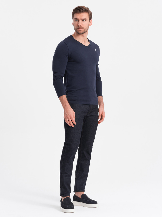 Longsleeve męski z elastanem sygnowany z dekoltem w serek - granatowy V2 OM-LSCL-0110