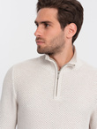 Sweter męski dzianinowy z rozpinaną stójką - kremowy V1 OM-SWZS-0105