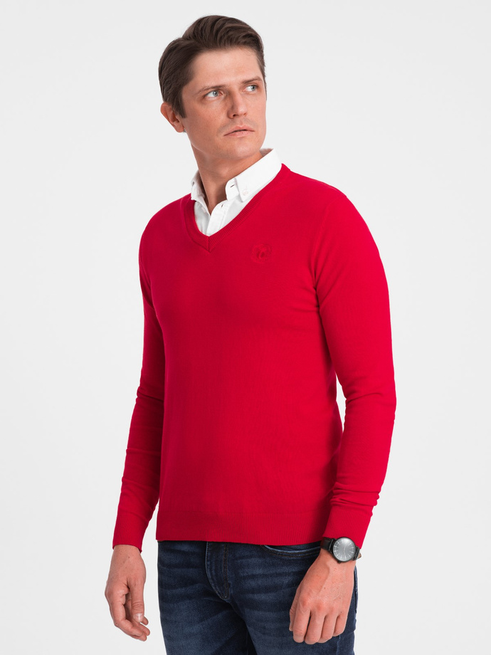 Men's sweater with a "v-neck" neckline with a shirt collar - red V4 OM-SWSW-0102