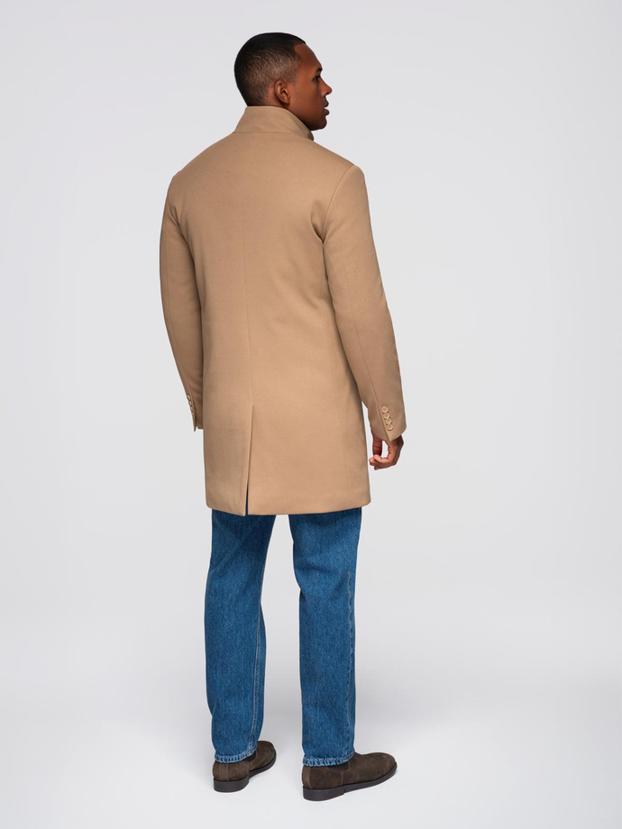 Men's coat with asymmetrical fastening and high collar - light brown V4 OM-COWC-0120
