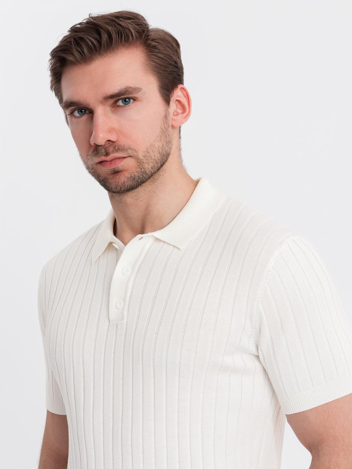 Męska koszulka polo z wiskozą SLIM FIT w pionowy prążek – złamana biel V3 OM-POSS-0143