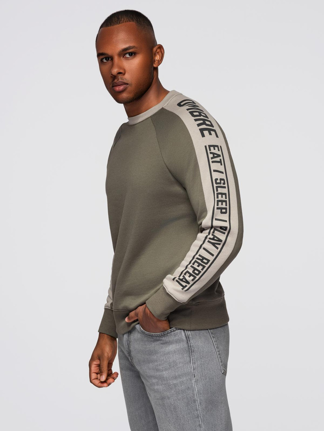 Men's sweatshirt with contrasting stripes and raglan sleeves - olive V1 OM-SSNZ-0200