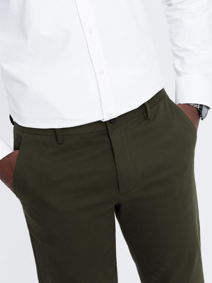 Men's SLIM FIT chino pants with fine texture - dark olive green V4 OM-PACP-0190