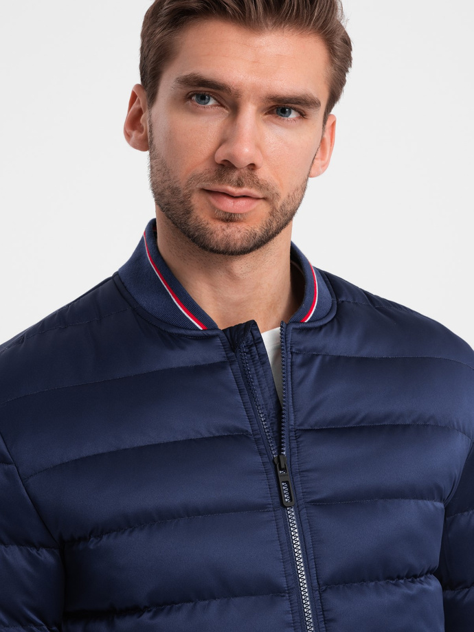 Men's satin finish bomber jacket with contrasting ribbed cuffs - dark blue V2 OM-JALP-22FW-007