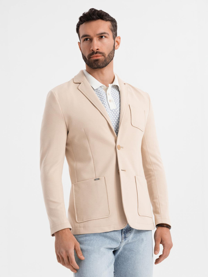 Men's SLIM knit jacket with subtle texture - beige V5 OM-BLZB-0101