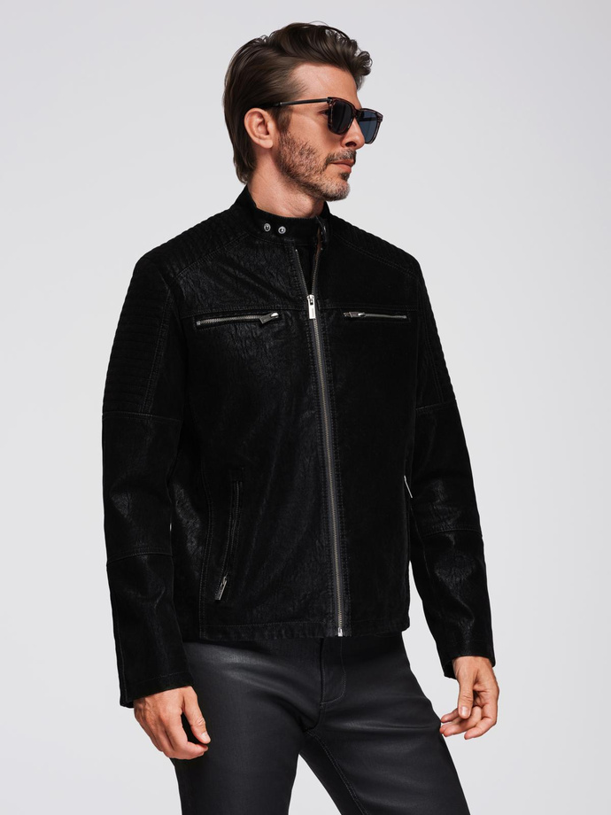 Stylish men's eco leather biker jacket with collar - black V2 C637