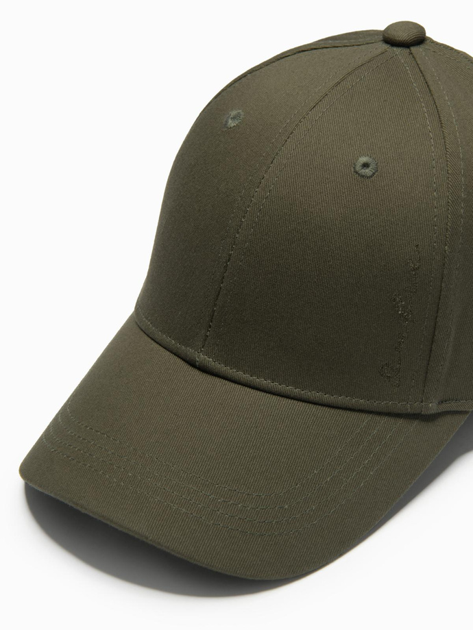 Czapka męska bejsbolówka z daszkiem i ozdobnym haftem – khaki V2 OM-ACCS-0102