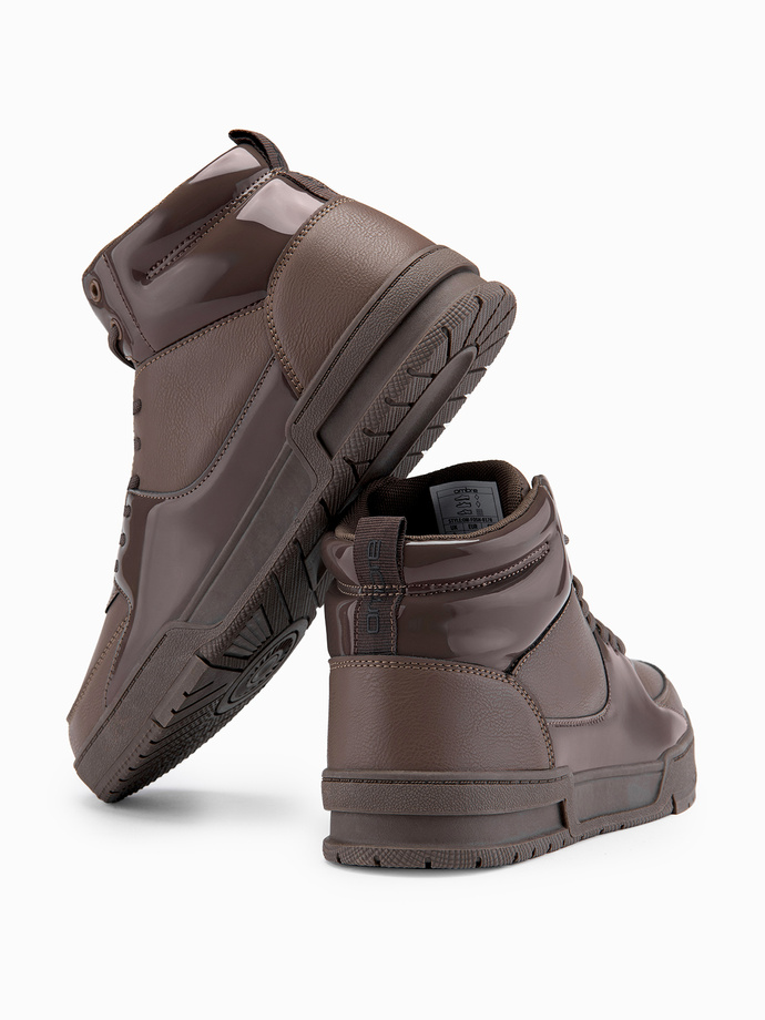 Buty męskie wysokie sneakersy z połyskującymi elementami – ciemnobrązowe V3 OM-FOSH-0178