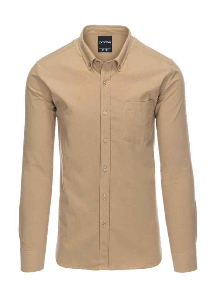 Męska koszula bawełniana REGULAR FIT z kieszenią - jasnobrązowa V2 OM-SHOS-0153