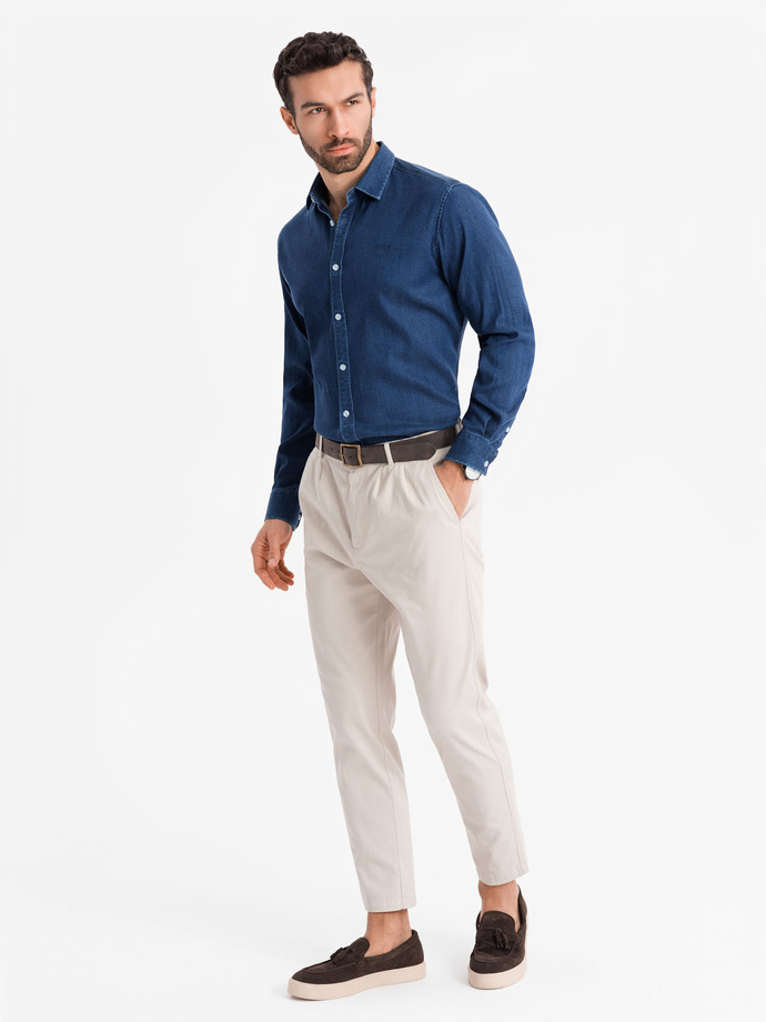 Men's denim shirt with lyocell and embroidery on chest - dark blue V1 OM-SHDS-0180
