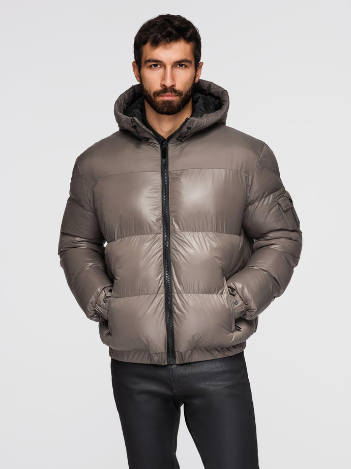 Warm men's puffer jacket with welts - dark beige V3 OM-JAHP-0207