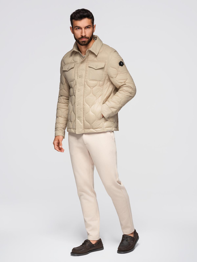 Men's quilted jacket in shirt cut - beige V1 OM-JALP-0215