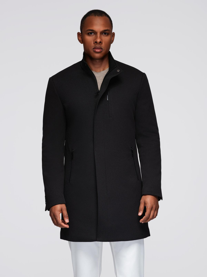 Men's coat with asymmetrical fastening and high collar - light brown V4 OM-COWC-0120