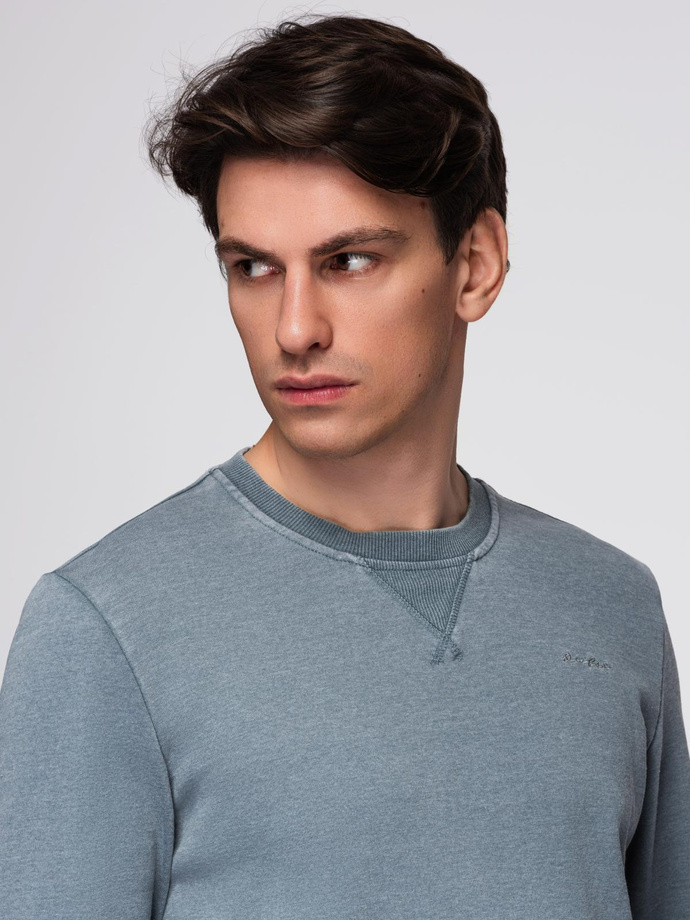 Washed men's sweatshirt with decorative stitching at the neckline - light blue V3 OM-SSDS-0131