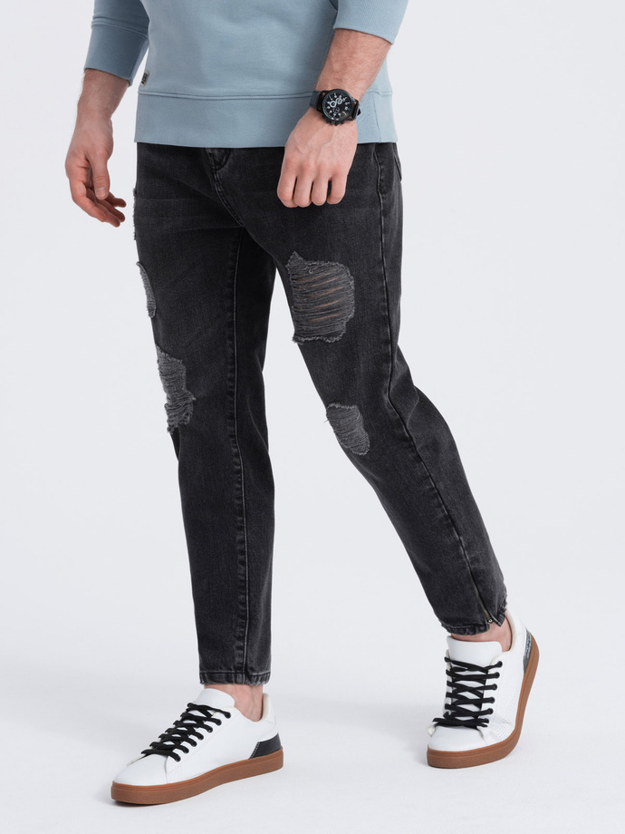 Męskie spodnie jeansowe taper fit z dziurami - czarne V2 P1028