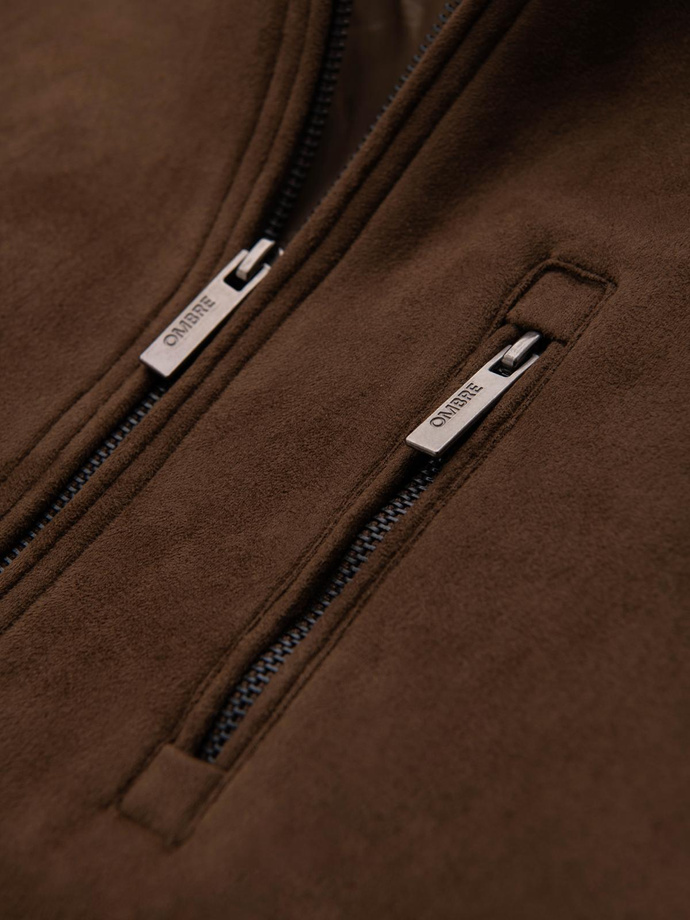 Men's imitation leather jacket with ribbed hem - dark brown V1 OM-JAFL-0109
