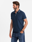 Men's pique knit polo shirt without buttons - navy blue V3 OM-POSS-0110