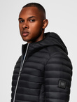 Men's quilted jacket with combined materials and hood - navy blue V3 OM-JALJ-0266