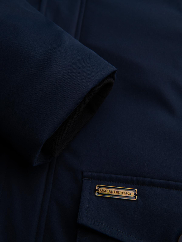 Elegant men's parka with cargo pockets and hood - navy blue V2 OM-JAPJ-0287