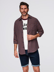 Koszula męska flanelowa w kratę - granatowo-ceglasta V6 OM-SHCS-0150