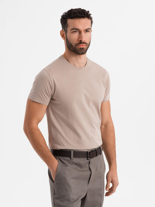 Klasyczny T-shirt męski bawełniany BASIC - piaskowy V11 OM-TSBS-0236
