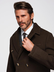 Men's double-breasted coat with decorative buttons - dark brown V3 OM-COWC-0137