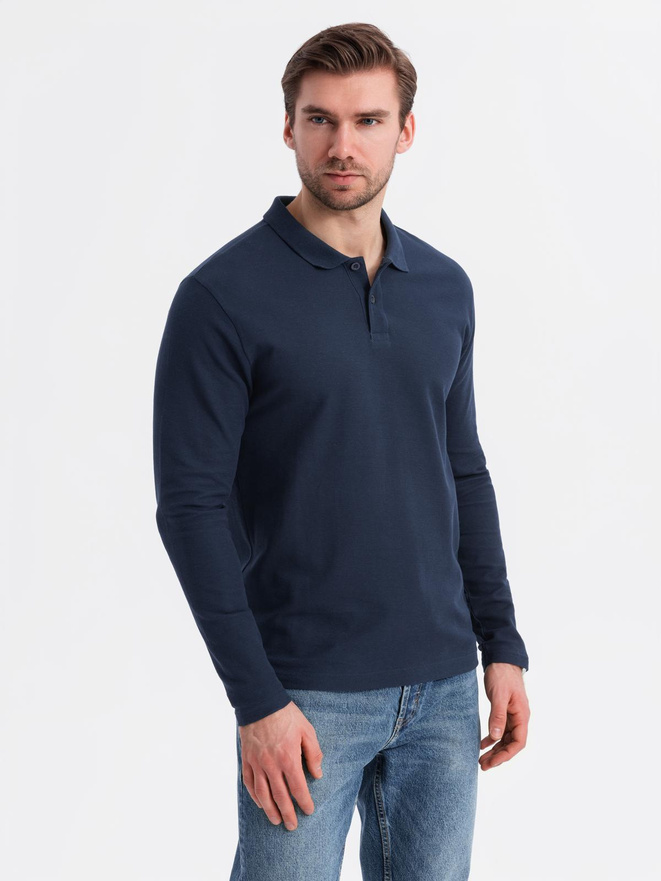 Men's BASIC longsleeve with polo collar - navy blue V3 OM-POBL-0114