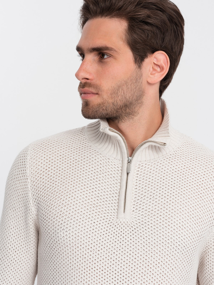 Sweter męski dzianinowy z rozpinaną stójką - kremowy V1 OM-SWZS-0105