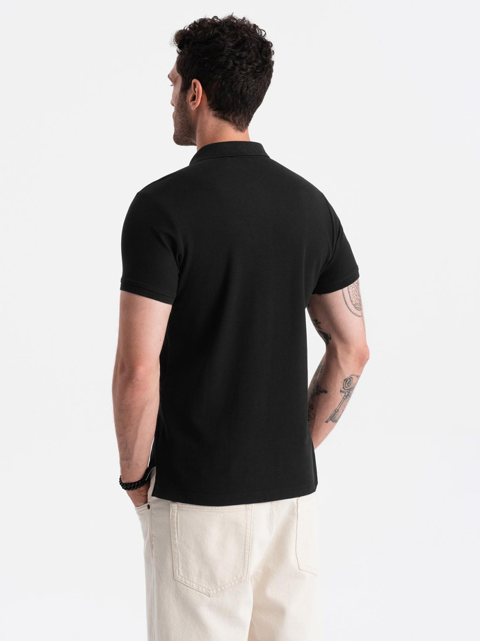 Jednokolorowa koszulka męska polo BASIC z dzianiny pique - czarna V1 OM-POBS-0100