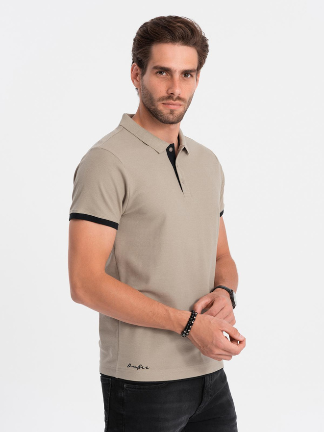 Men's cotton polo shirt with contrast trim - dark beige V5 OM-POSS-0113