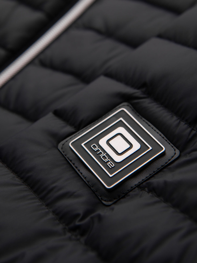Men's quilted jacket with combined materials and hood - navy blue V3 OM-JALJ-0266