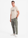 Men's T-shirt with print and round neckline - cream V2 OM-TSFP-0187