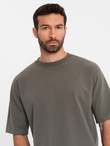 T-shirt bawełniany męski LOOSE FIT z okrągłym dekoltem – ciemnooliwkowy V7 OM-TSBC-0234