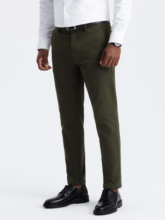 Spodnie męskie chino SLIM FIT z delikatną teksturą - ciemnooliwkowe V4 OM-PACP-0190