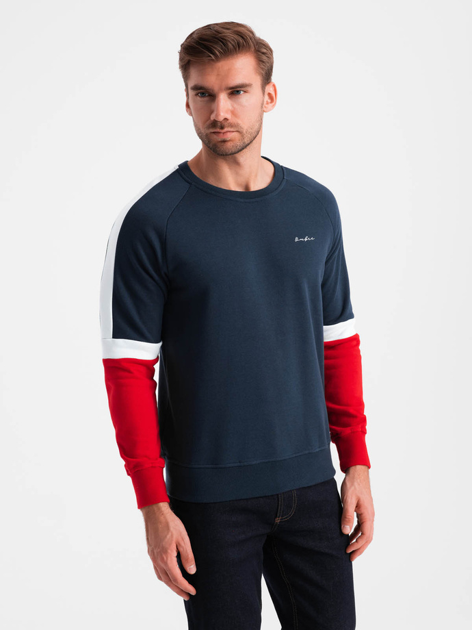 Trójkolorowa męska dresowa bluza z raglanowymi rękawami – granatowa V2 OM-SSNZ-22FW-003
