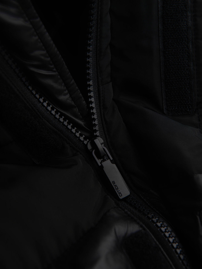 Men's quilted jacket with high collar and hood - black V1 OM-JALJ-0266