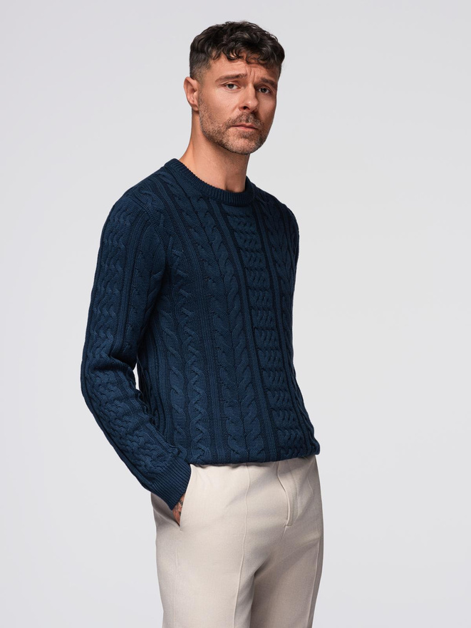 Męski elegancki sweter z ciekawym splotem – granatowy V5 OM-SWSW-0173
