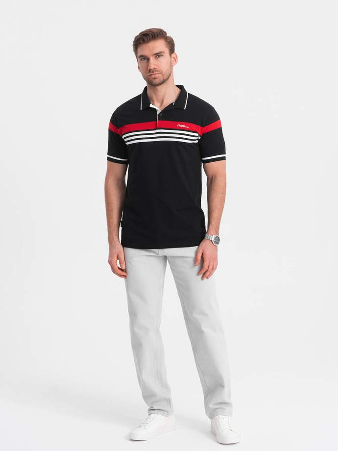 Men's fitted polo shirt with two-tone stripes - black V2 OM-POSS-0127
