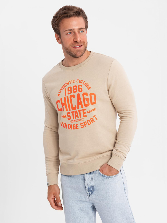 Men's unbuttoned sweatshirt with collegiate print - sand V1 OM-SSPS-0154