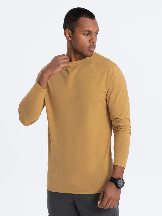 Męski longsleeve  BASIC z okrągłym dekoltem - musztardowy V10 OM-LSBL-0106
