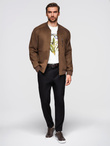 Men's imitation leather jacket with ribbed hem - dark brown V1 OM-JAFL-0109