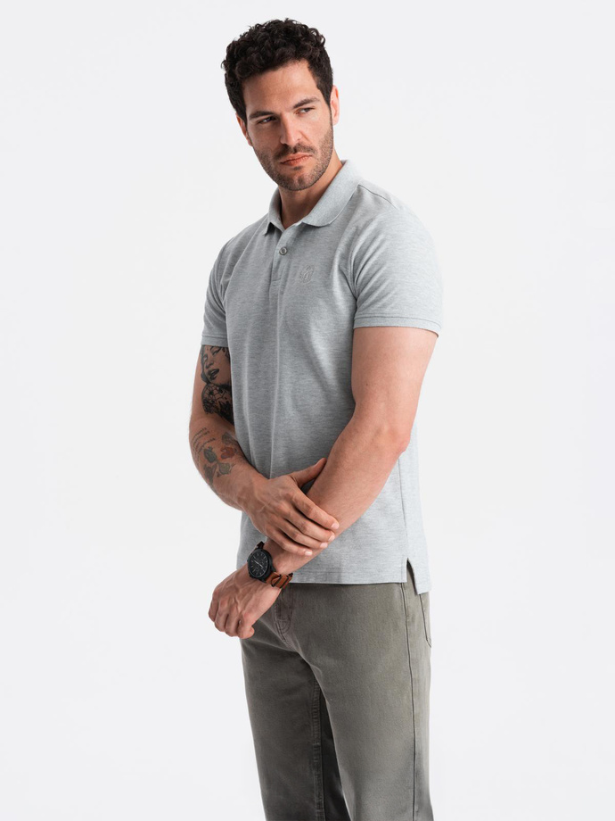 Męska koszulka polo jednokolorowa BASIC z dzianiny pique - szara V20 OM-POBS-0100